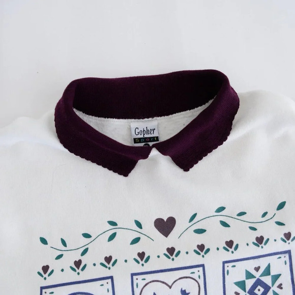 Vintage Gopher Sport White Puff  Print Floral Heart Purple Collared Sweater XL - Picture 10 of 11